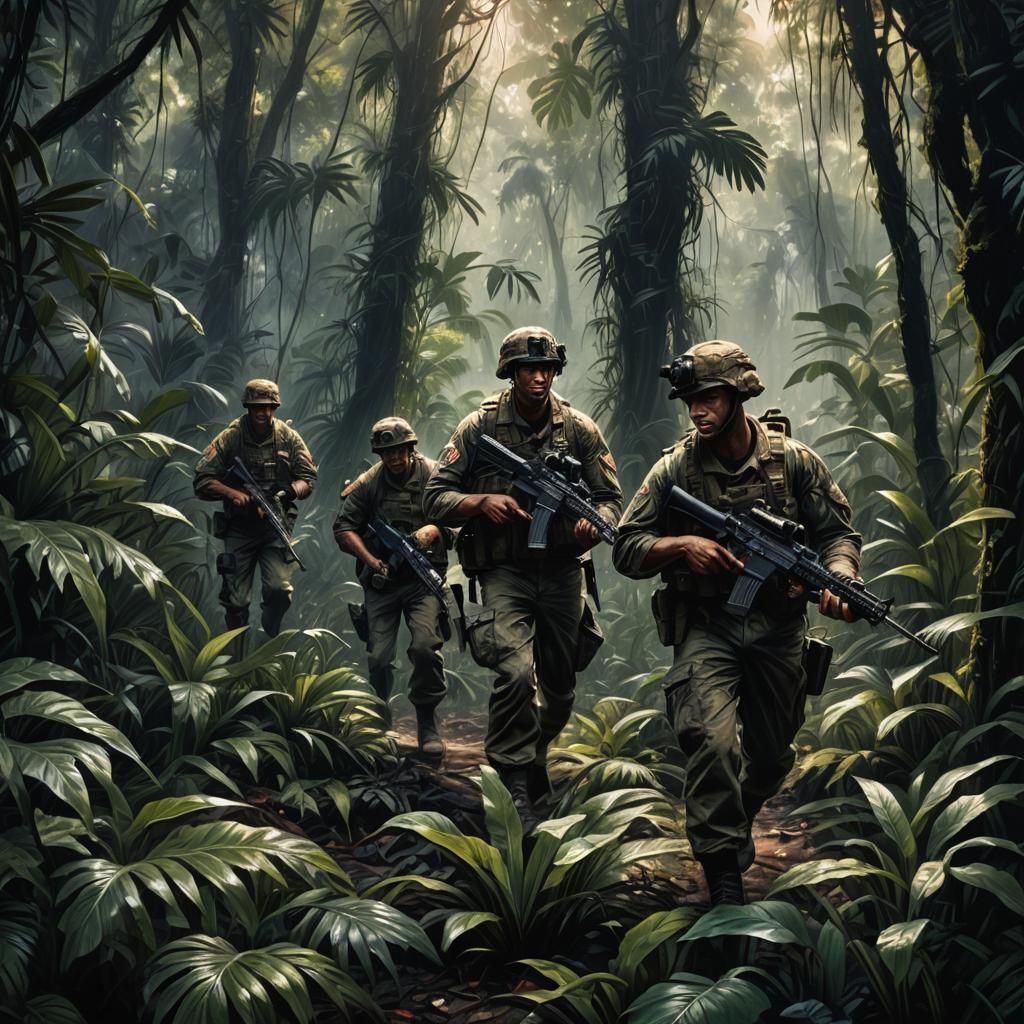 US Soldiers in Dark Jungle, Realistic Oil Painting