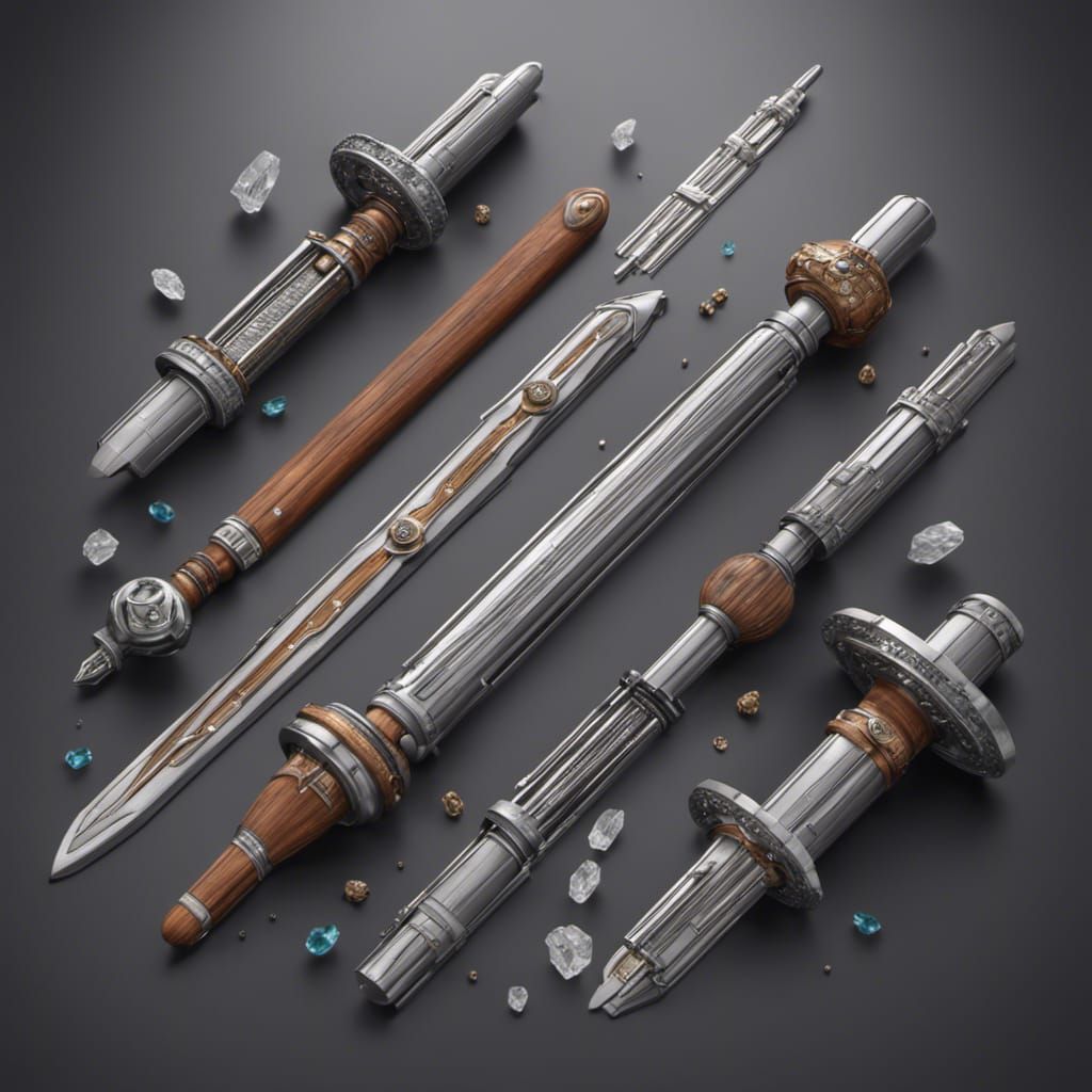 Lightsaber Hilts and Crystals in Knolling Arrangement