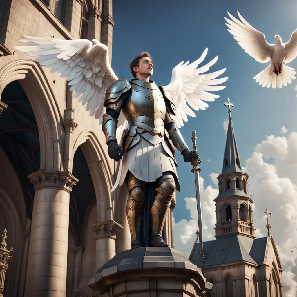 Angelic Knight Guarding Church, Detailed Matte Painting