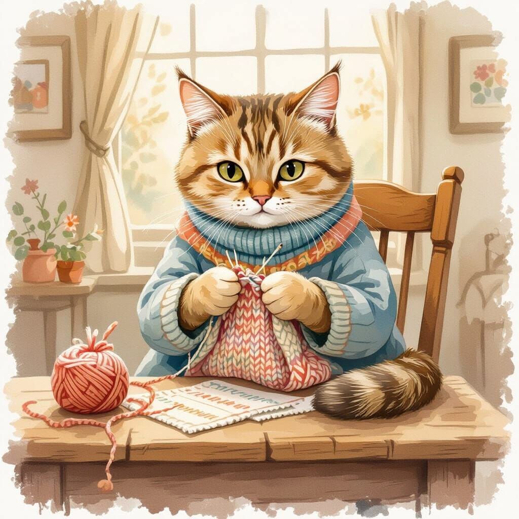 Old Cat Knitting, in Beatrix Potter Style