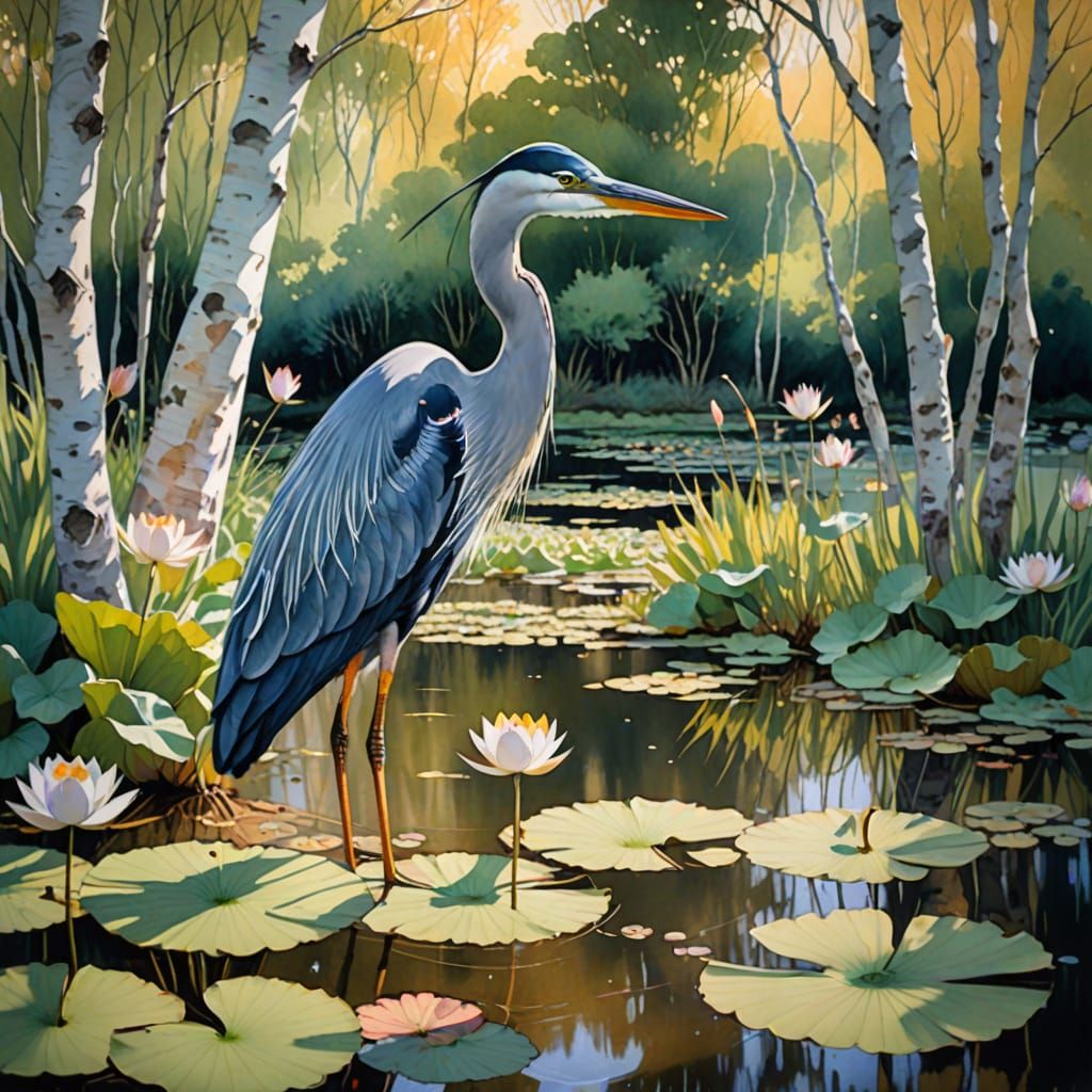 Heron by Lotus Pond in Watercolor Gouache Style