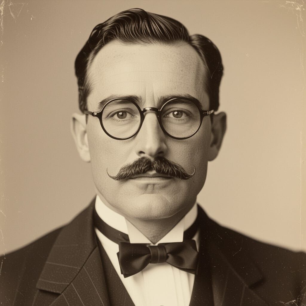 1920s Sepia Photo: Sharp-Faced Man with Mustache and Glasses