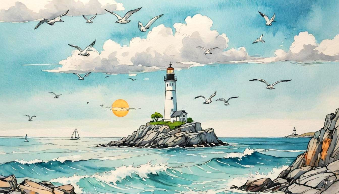 Sailboat Doodle with Lighthouse and Rough Sea