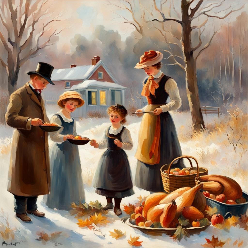 Vintage Thanksgiving Family in Impressionist Oil Painting