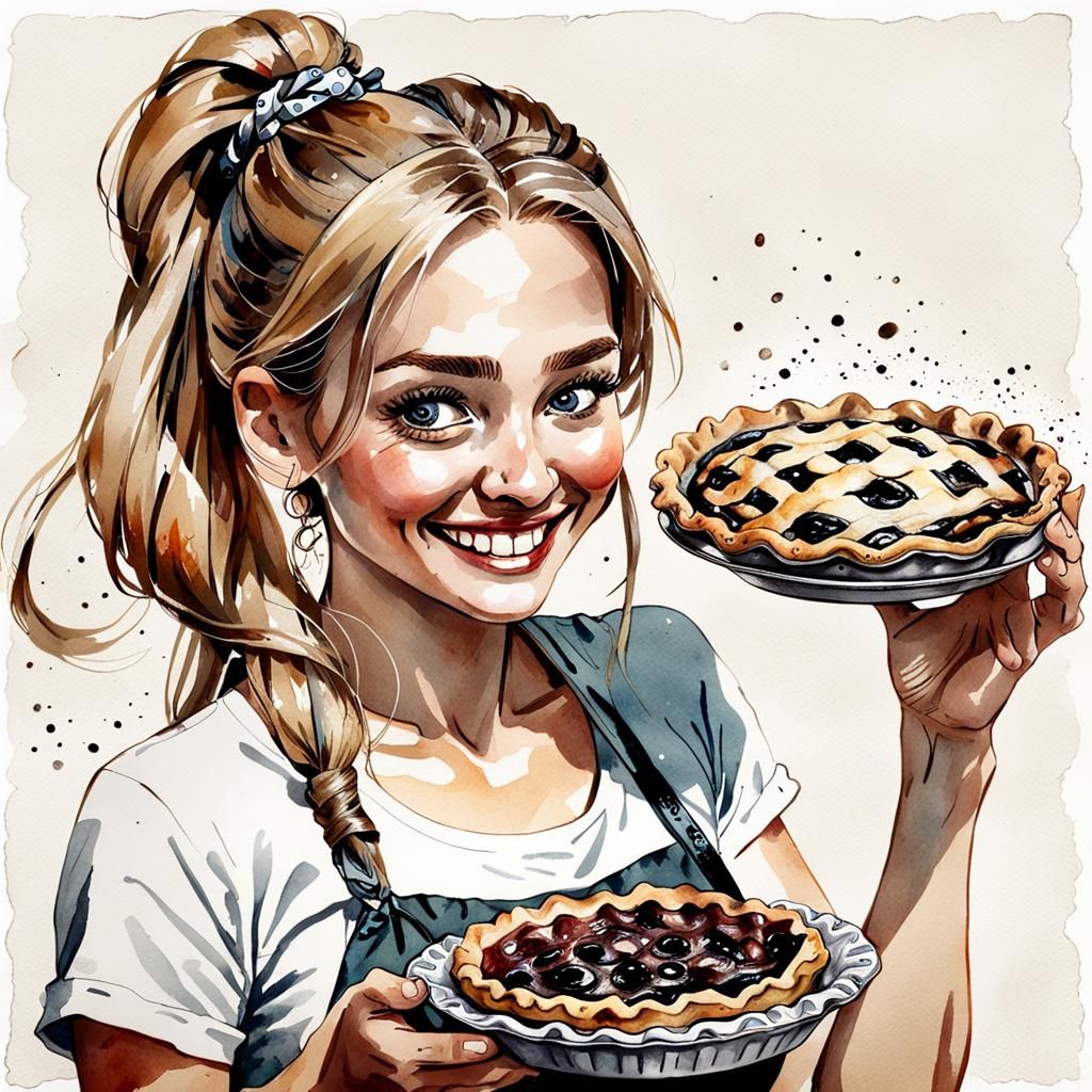 Watercolor of Smiling Woman with Pie Dish