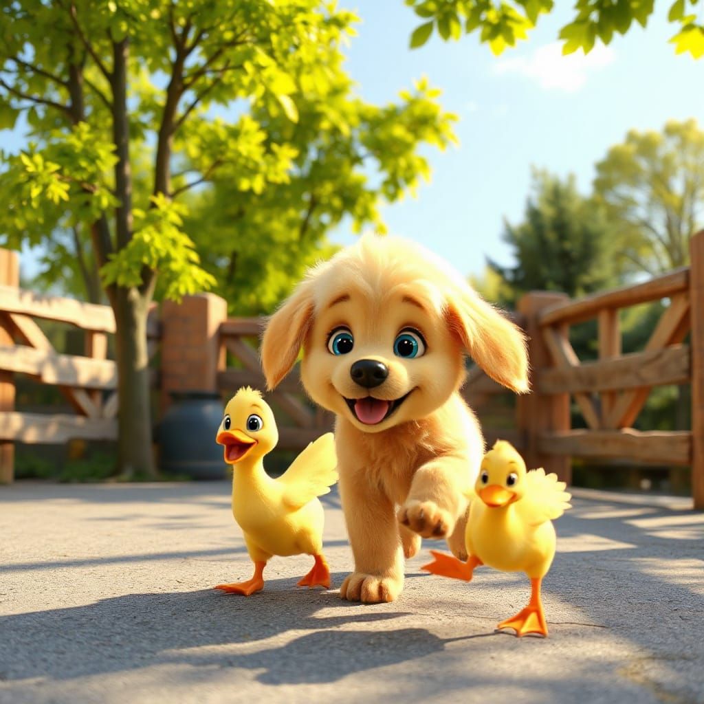 Fluffy Golden Puppy Chases Yellow Duck in Disney Pixar Style