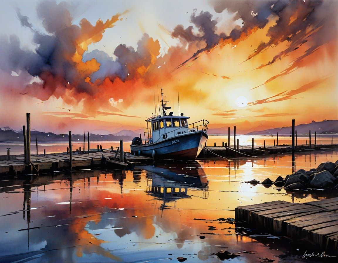 Impressionist Watercolors Seascape with Expressive Lines and...