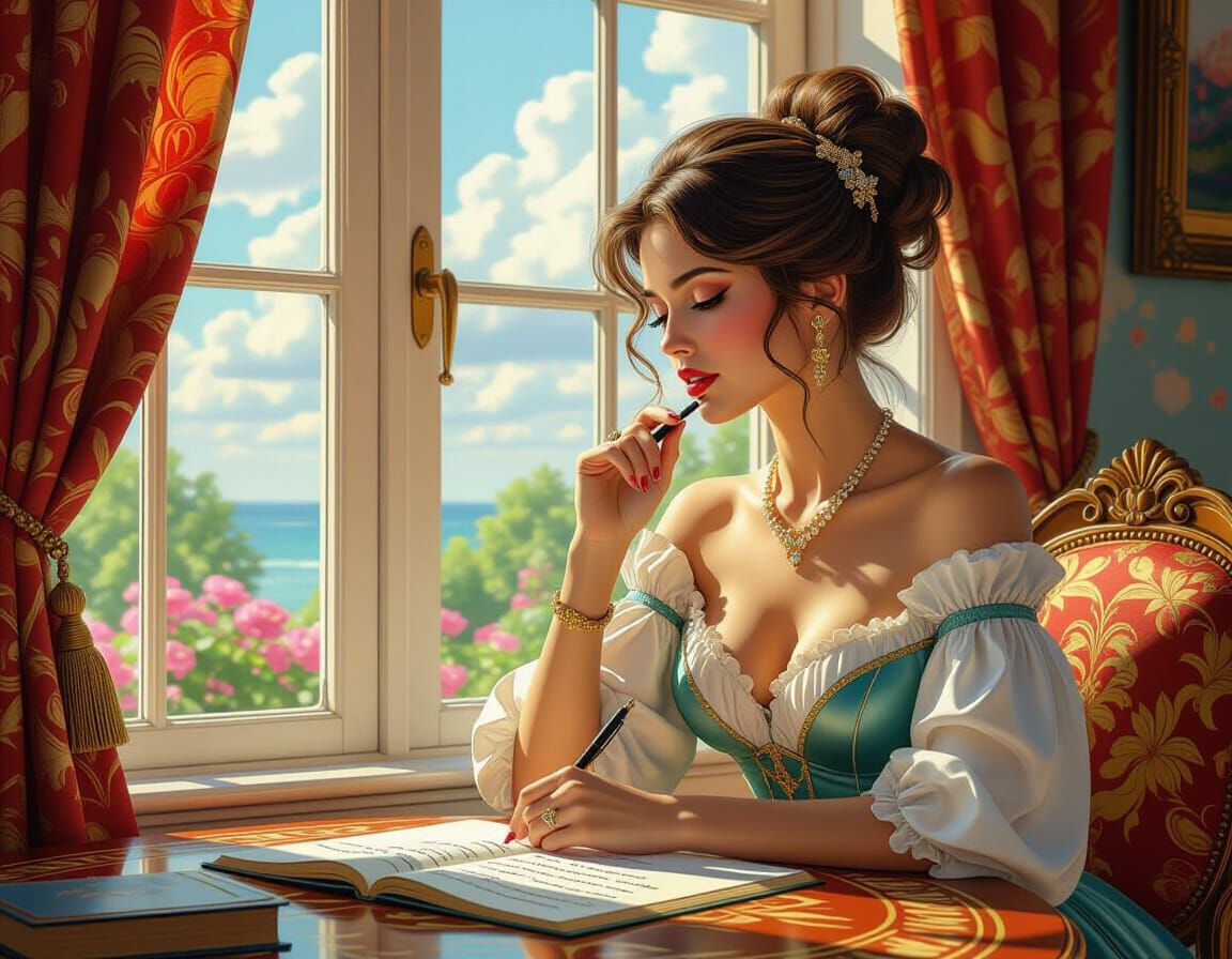 Elegant Woman Writing Poetry in Hyperrealistic Style