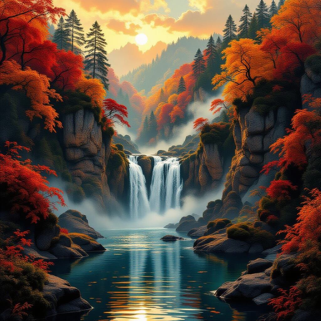 Surreal Autumn Waterfall Landscape in Victorian Dalí Style
