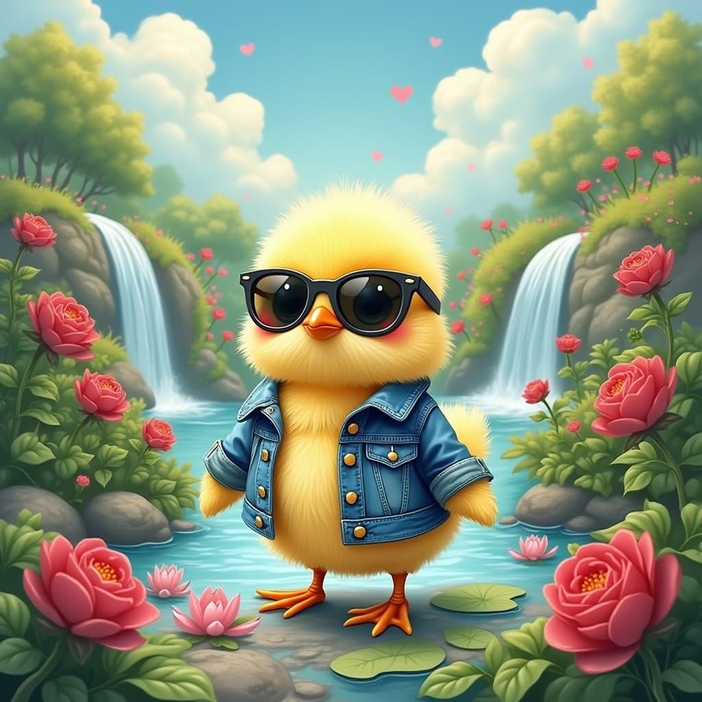 Baby Chick in Rose Garden with Waterfalls and Heart Clouds