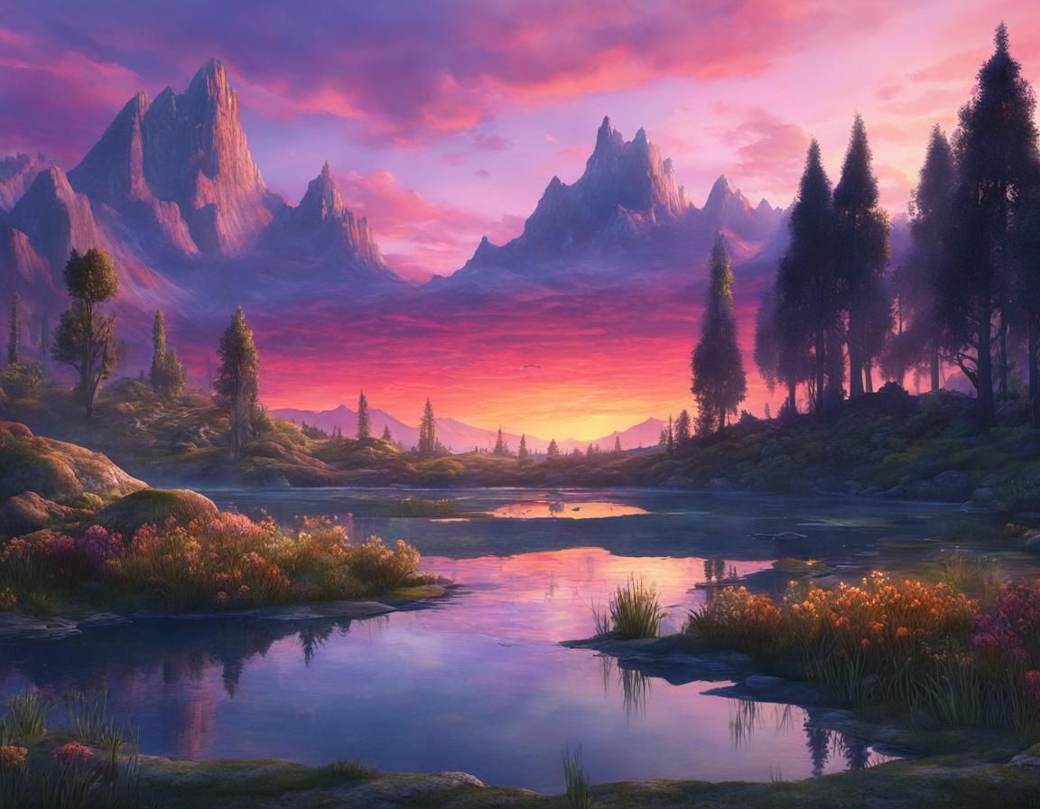 sunset over a still pond.