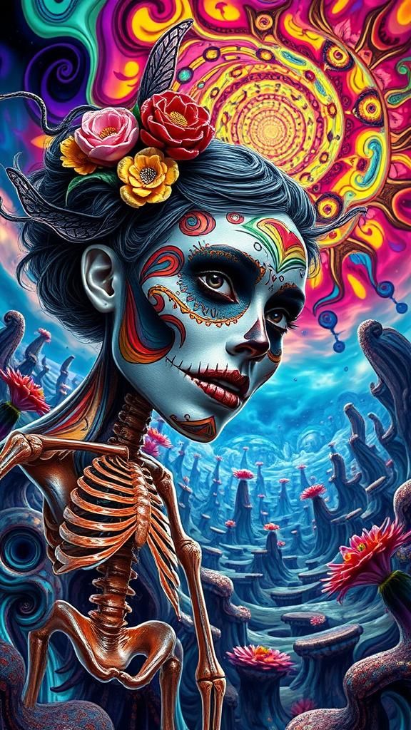 Day of the Dead Woman in Surreal Glass Landscape