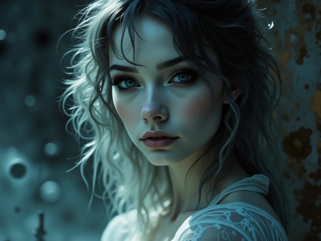 Ethereal Woman with Textured Skin in Mysterious Light