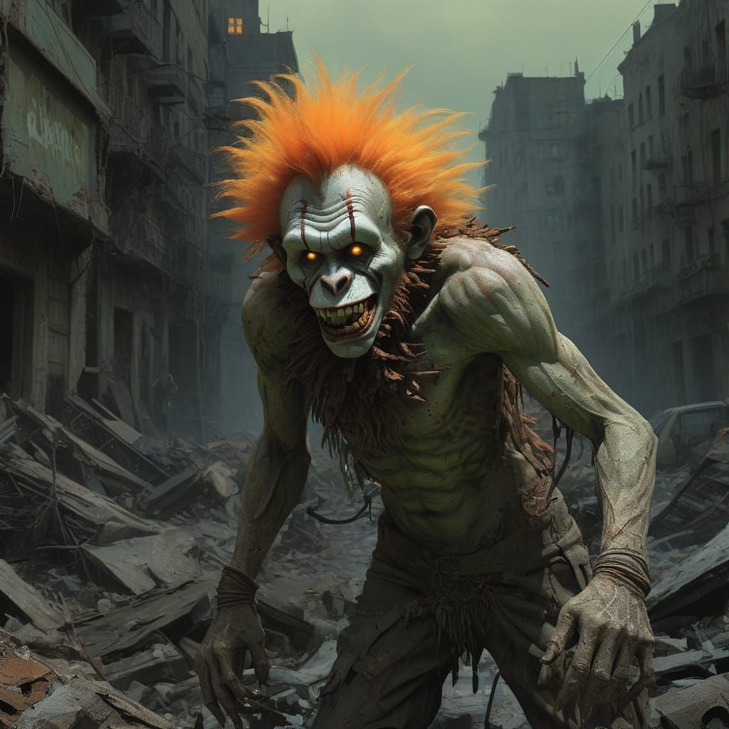 Hyperrealistic Zombie Monkey Monster Clown Amidst Urban Chao...
