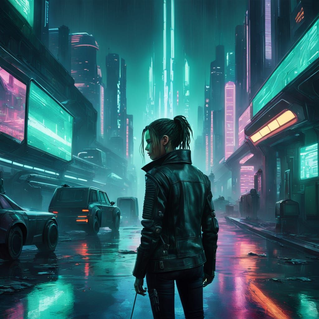 Gritty Cyberpunk Heroine on Intergalactic Train with Neon Li...