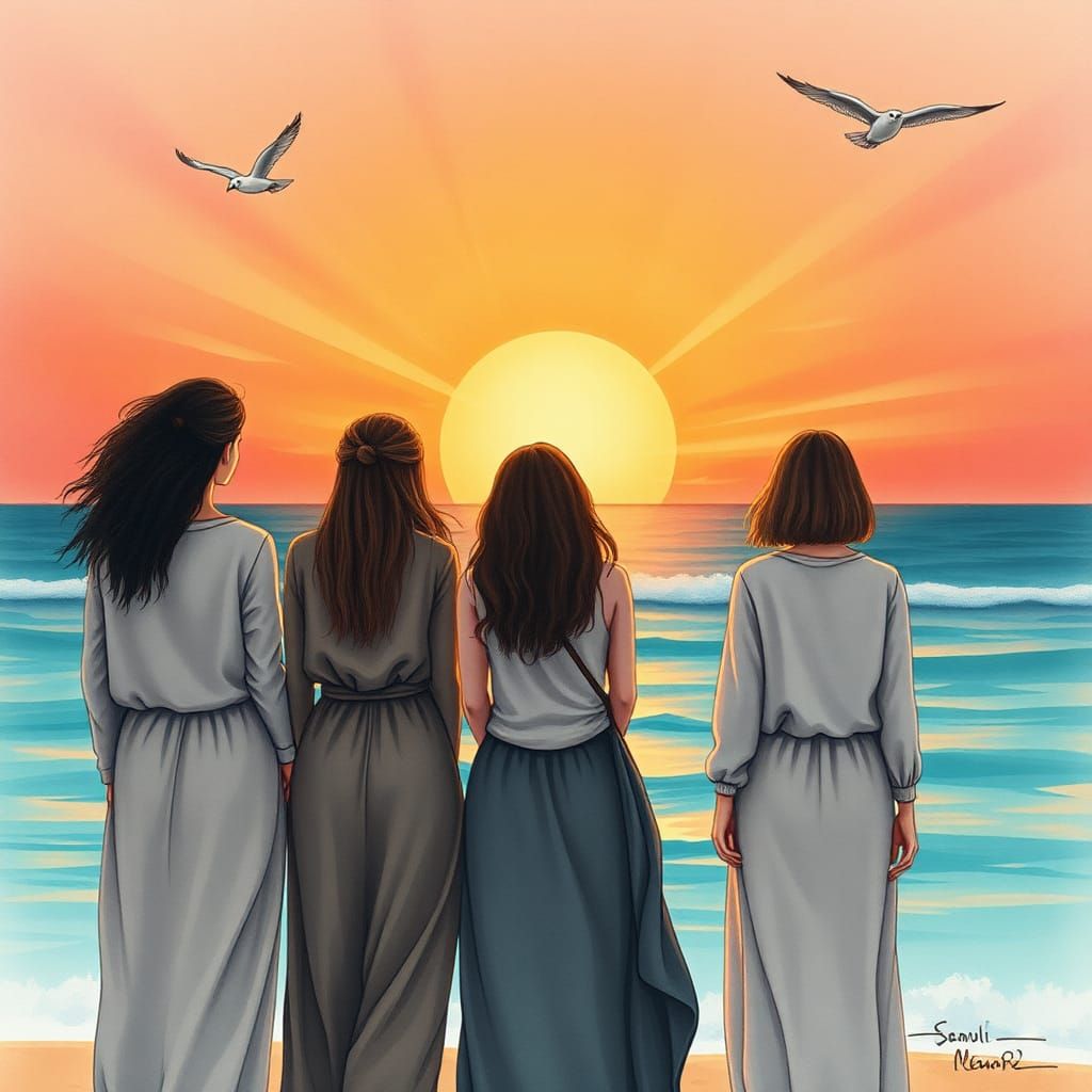 Women at Sunrise: Dreamy Watercolor and Ink Illustration