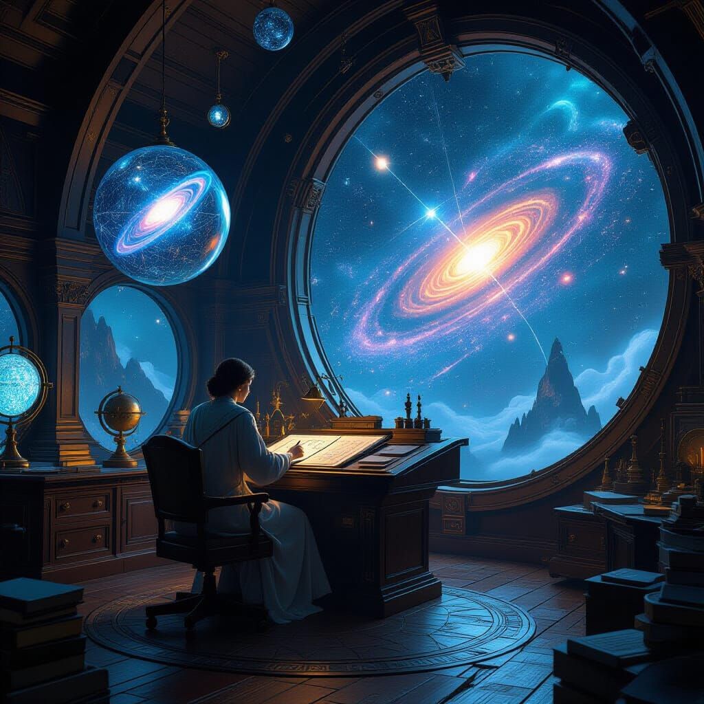 Celestial Cartographer in Floating Observatory, Art Nouveau ...