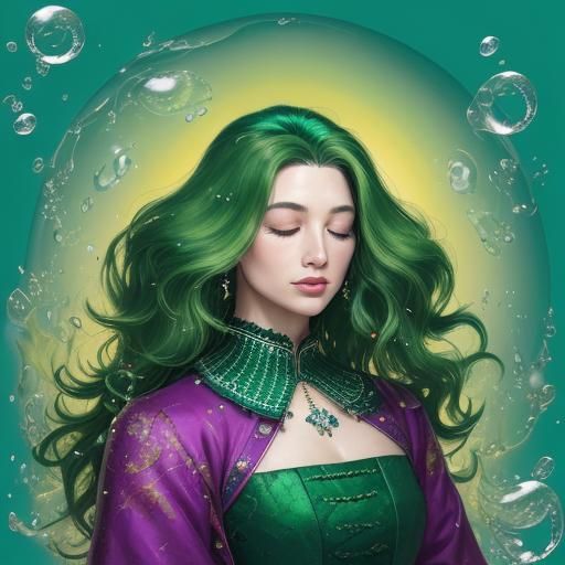 Joyous Green-Themed Portrait with Retro Abstract Style