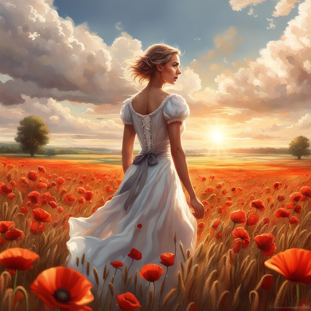 Woman in Poppy Field: Hyperdetailed Concept Art