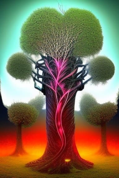 Neon Tree-Human Hybrid with Fractal Branches