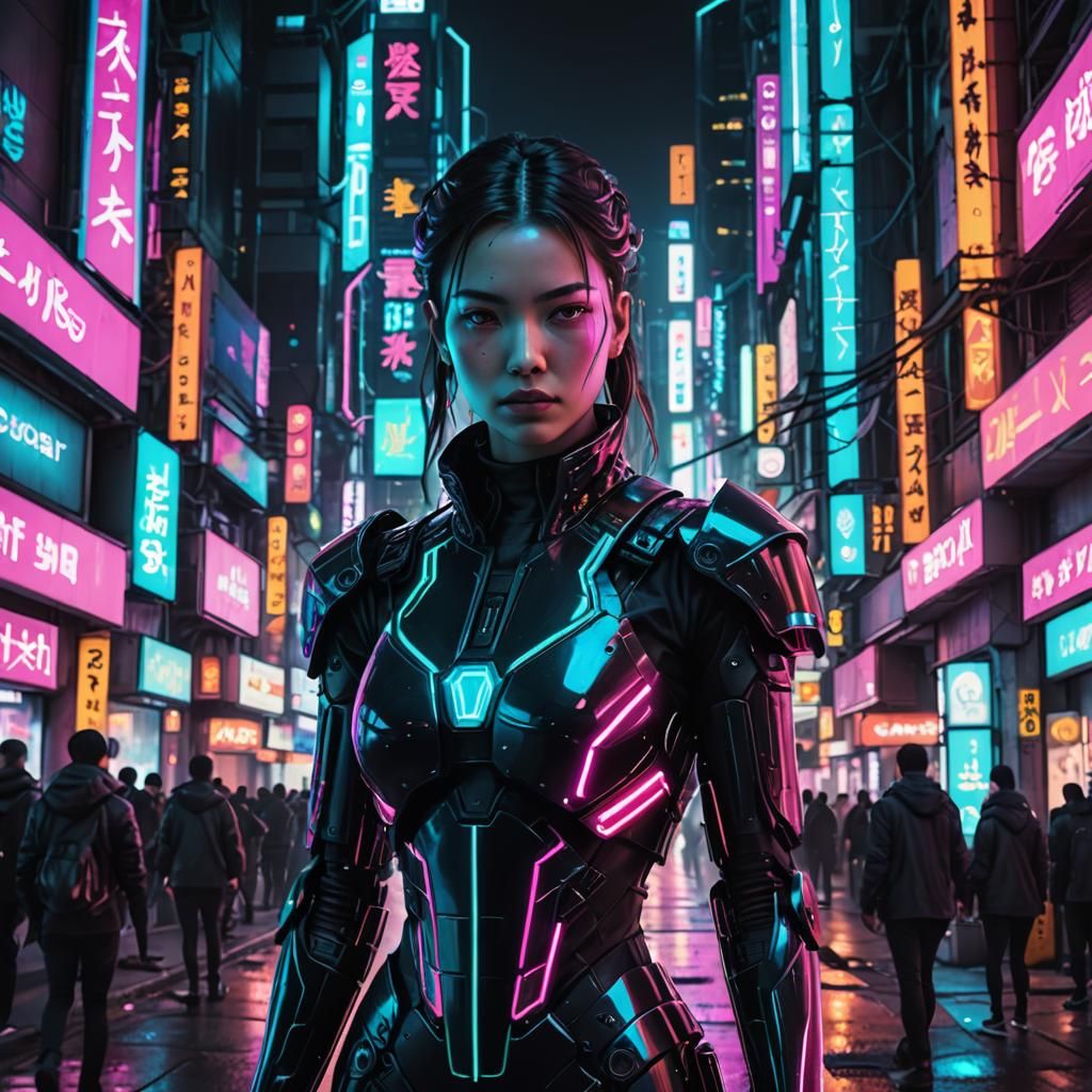 Cyberpunk Android in Neon Horror Megacity