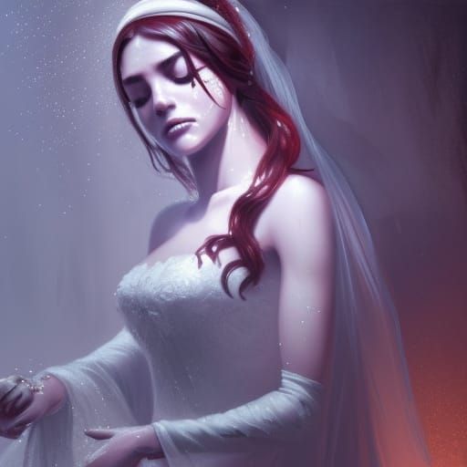 Heartbroken Bride Crying at Altar, Art Nouveau Style