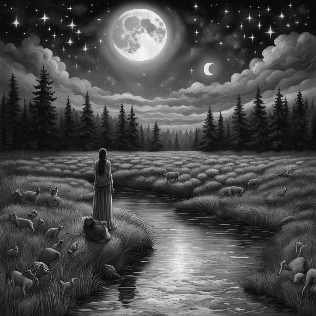 Figures Dancing Under Moonlight in Digital Art