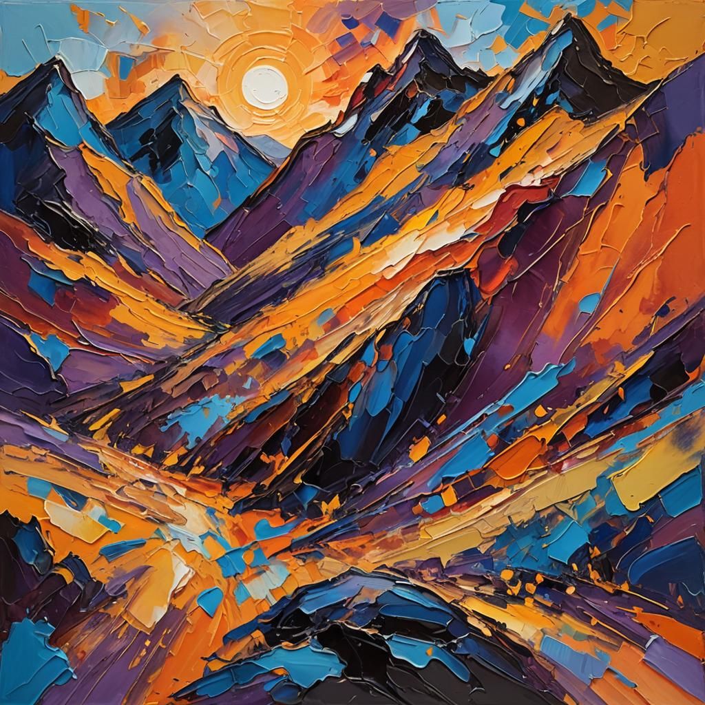 Mountain Sunset in Abstract Expressionist Style