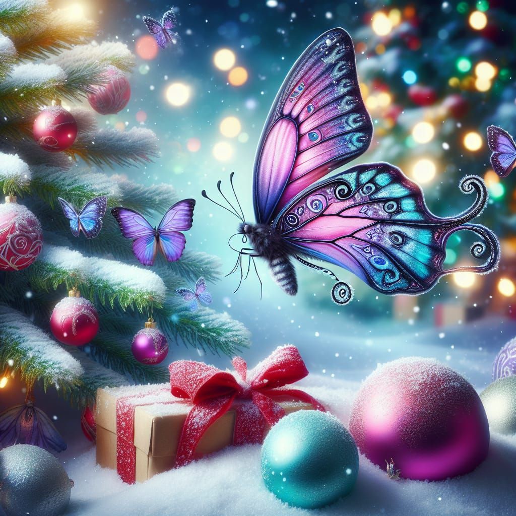 Purple Butterfly in Winter Christmas Wonderland