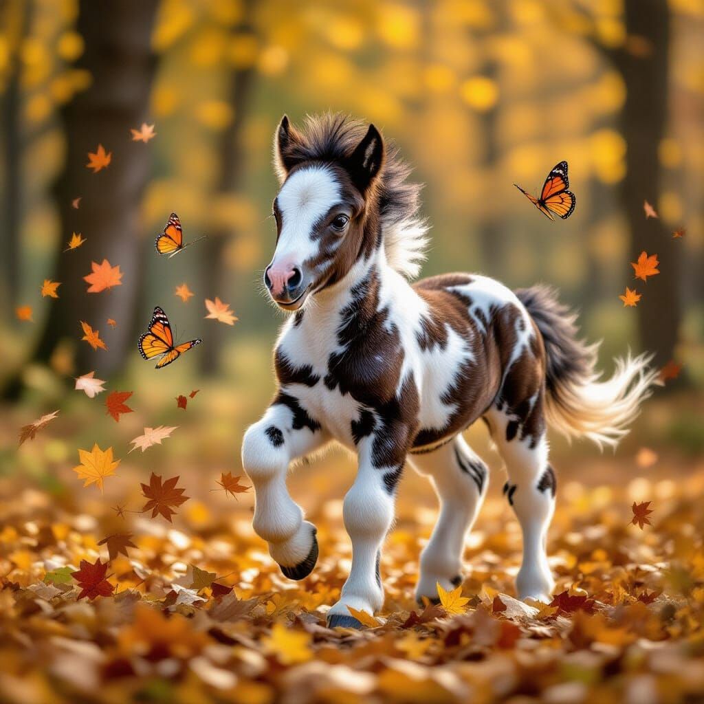 Furry Colt Plays in Leafy Forest Clearing