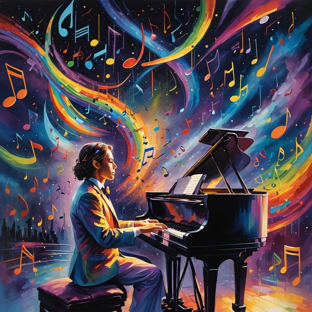 Rainbow Notes Over Pianist: Fantastical Oil Painting