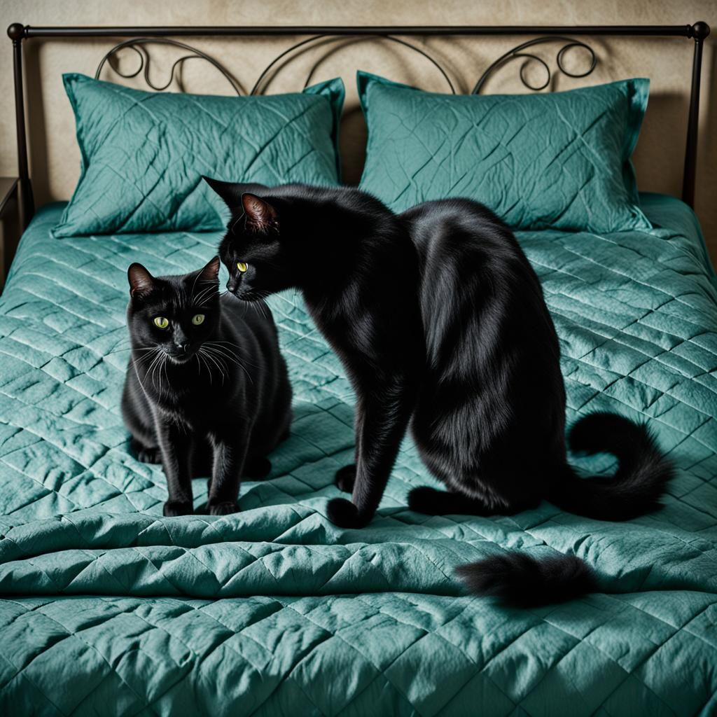 Cats Face Off on Bed