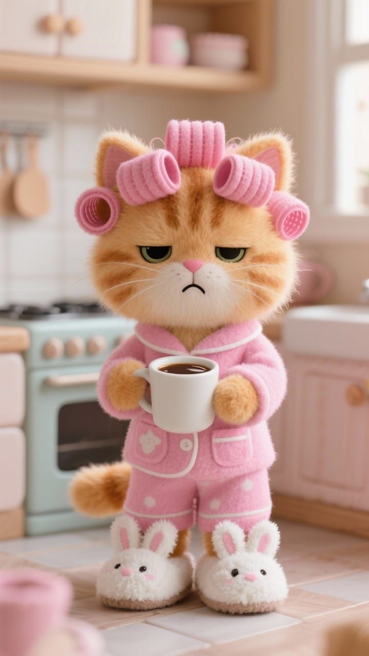 Grumpy Ginger Cat in Pink Pajamas with Coffee