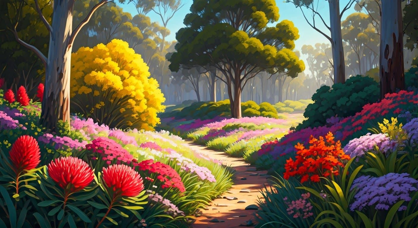 Idyllic Australian Bush Scene with Vibrant Wildflowers