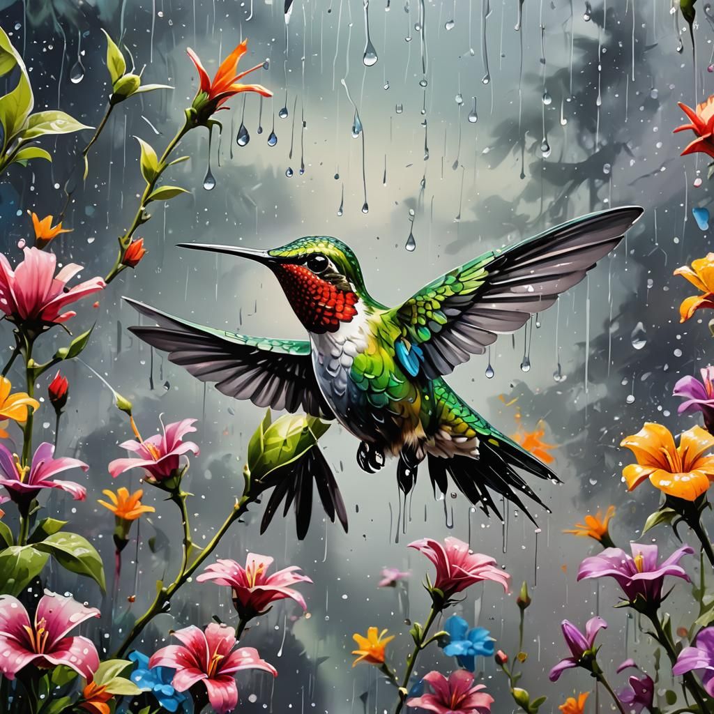 Hummingbird in Graffiti Art Spring Garden