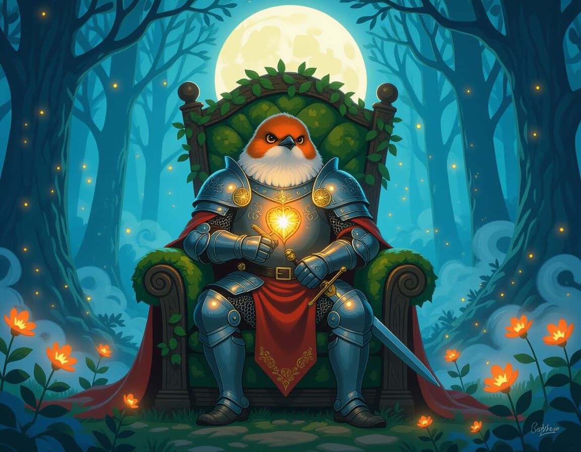 Robin Knight on Mossy Throne in Moonlit Forest