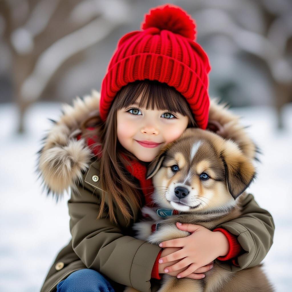 Girl Hugging Puppy In Red Hat