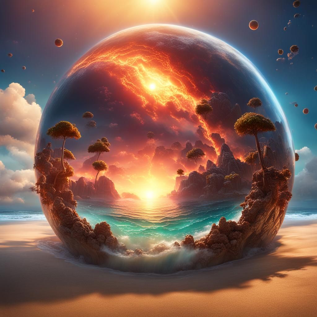 Luminous Sphere Floating at Sunset: Detailed Matte Painting