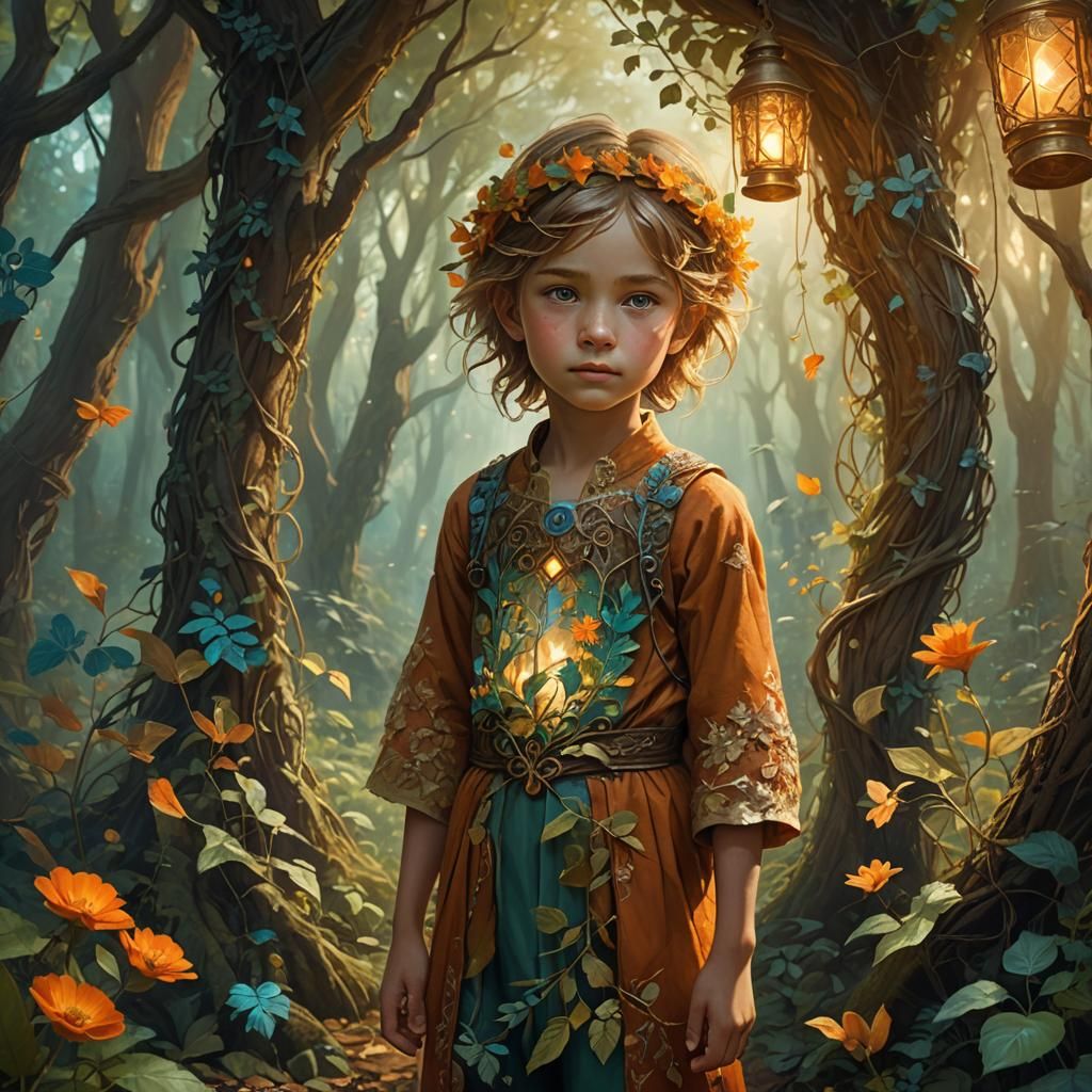 Gentle Child in Forest with Lantern: Art Nouveau