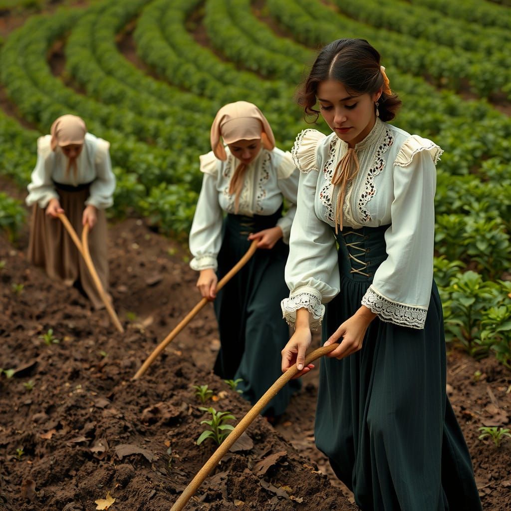 Women in Elegant, Lace-Trimmed Blouses Tilling the Soil in a...