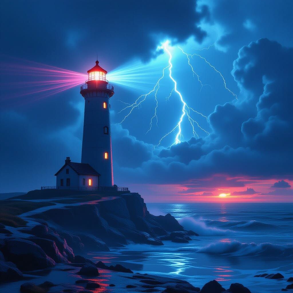 Futuristic Lighthouse in Storm, Neon-Lit Scene