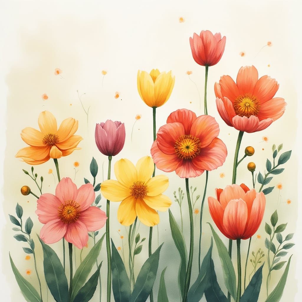 Spring Flowers in Mixed Oil and Watercolor Style