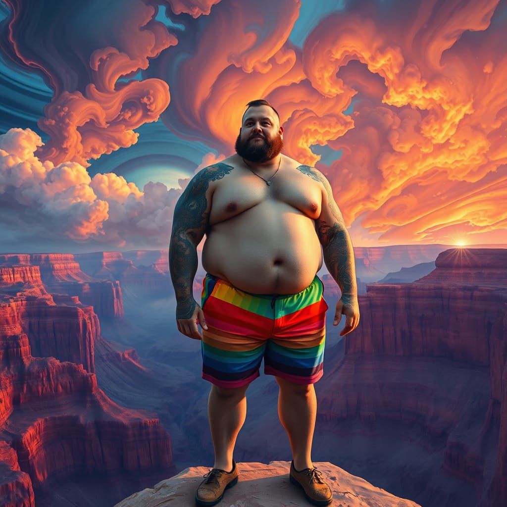 Psychedelic Grand Canyon Scene with Man in Rainbow Shorts