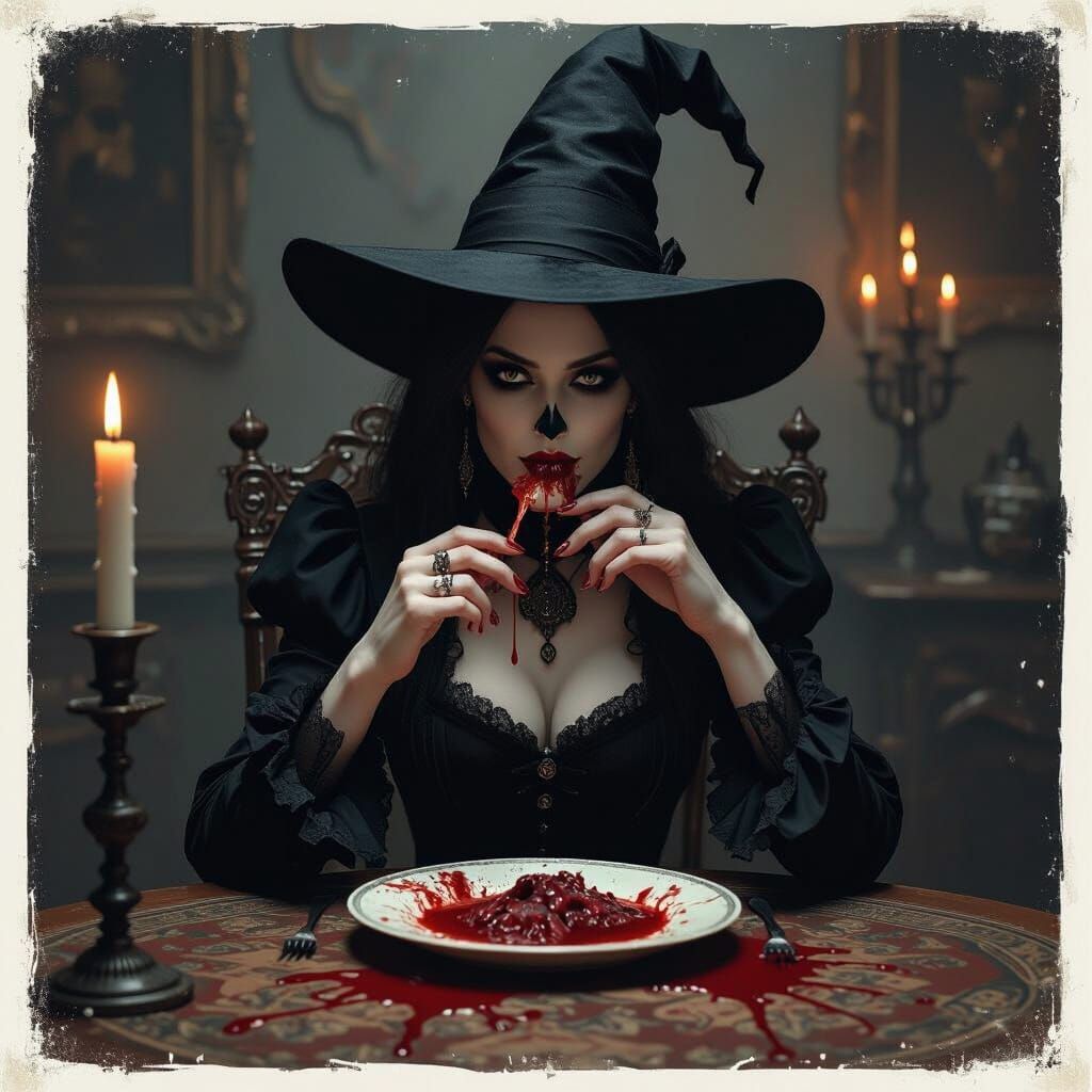 Gothic Witch Feast in Surreal Biomechanical Style