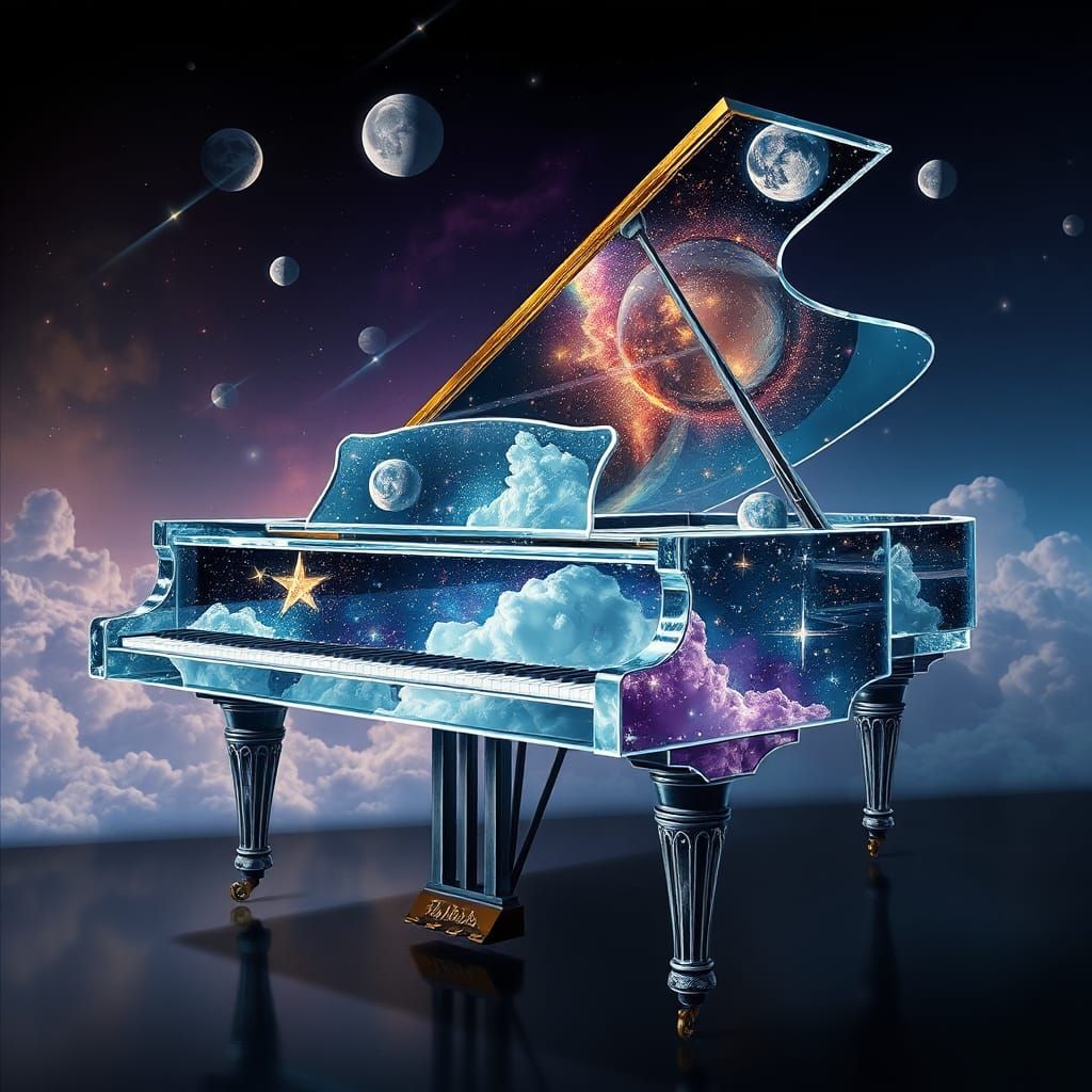 Celestial Glass Piano in Hyperrealistic Splash Art