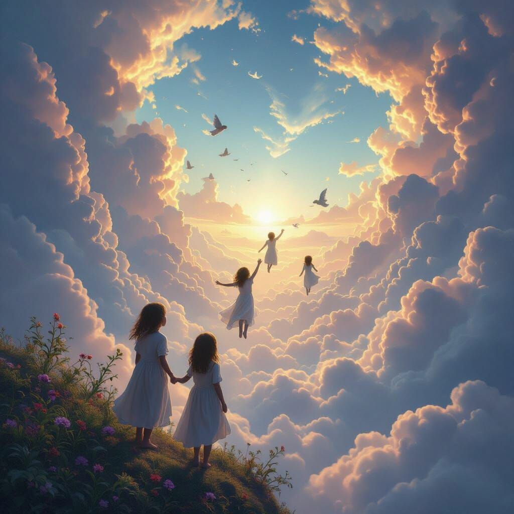 Deceased Children Ascend Ethereal Sky In Fantasy Matte Paint...