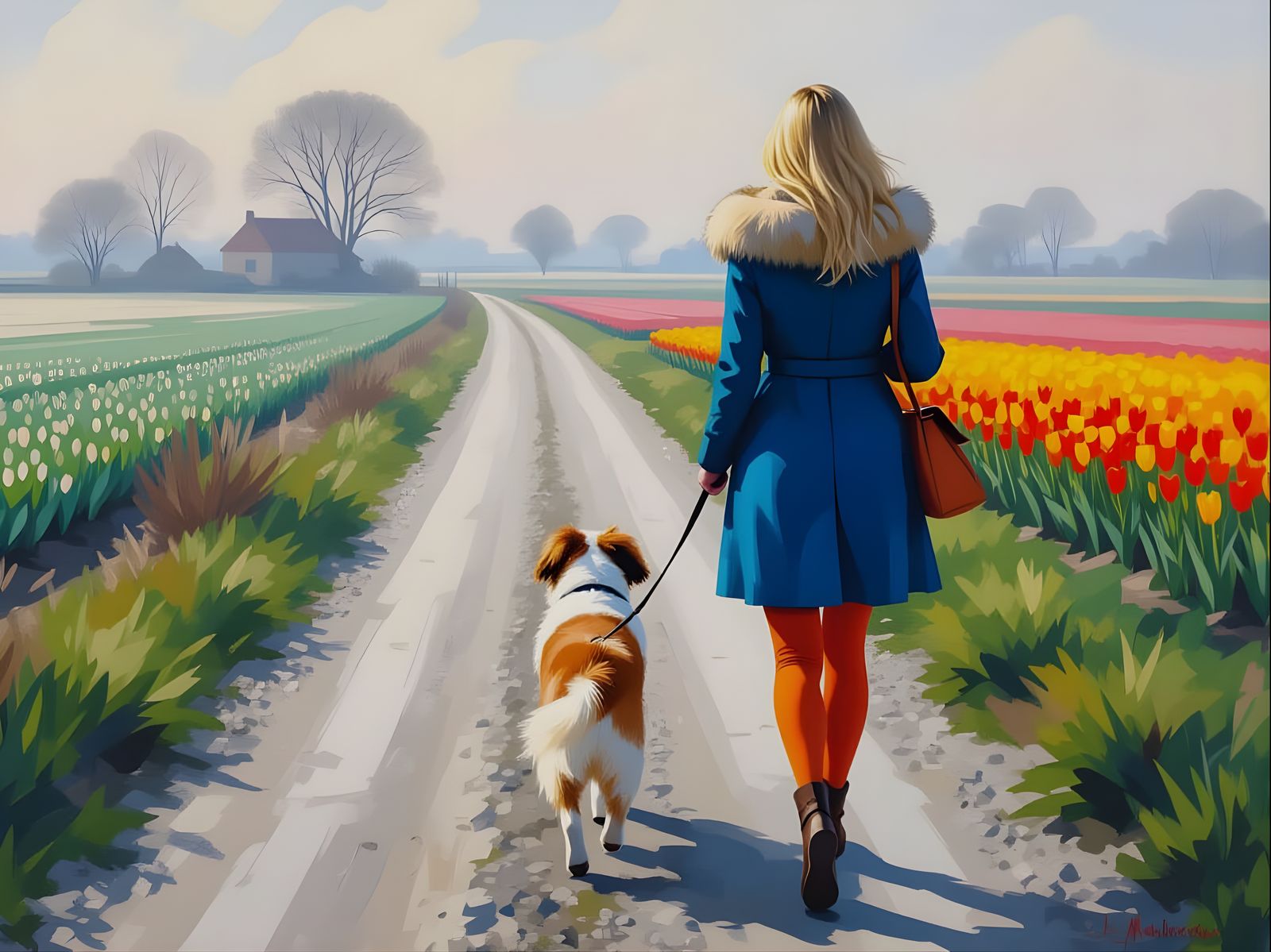 Woman Walks Dog Through Tulip Fields in Misty Spring Morning