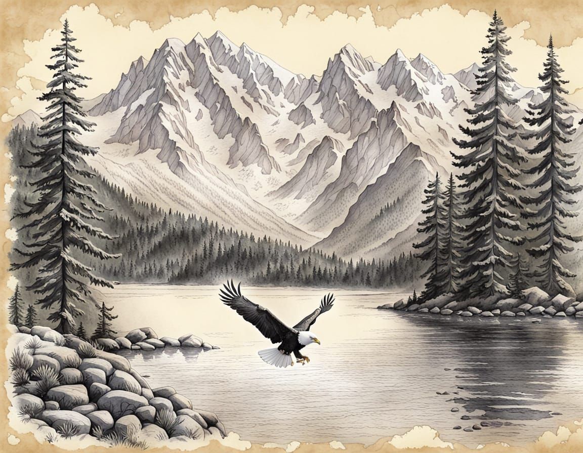 Bald Eagle in Alpine Lake: Vintage Pencil Drawing