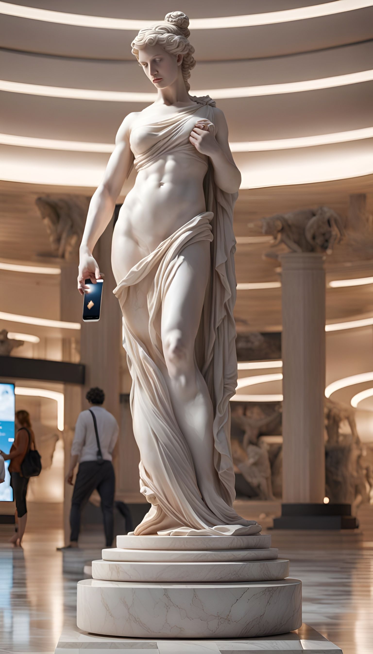 Venus Statue Looking at Cell Phone, Hyper-Realistic 8K