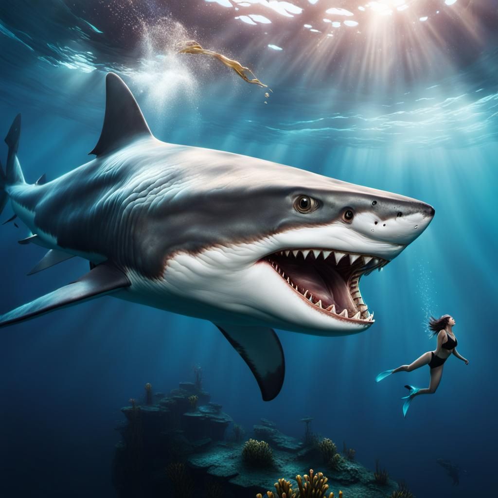 Woman Bites Shark in Fantastical Matte Painting